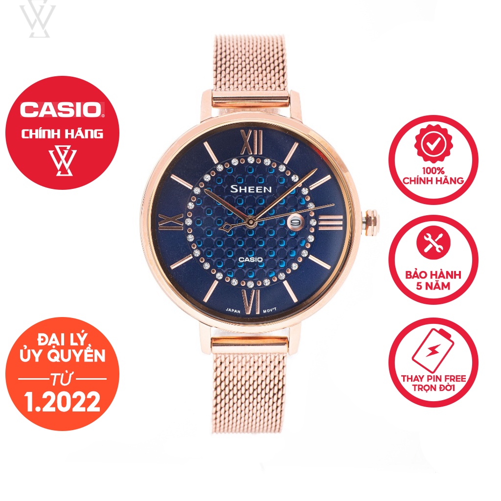 Đồng Hồ Quartz Nữ Casio Sheen WATCHSTORE SHE-4059PGM-2AUDF Thiết Kế Mặt Kính Khoáng 34mm, Dây Kim Loại, Vỏ Thép Không Gỉ