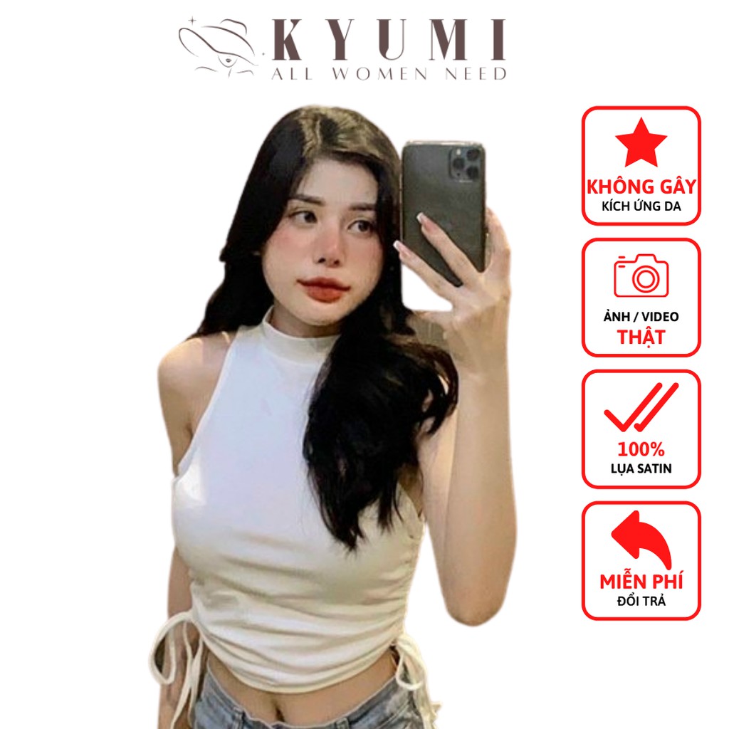 Áo thun ôm body gợi cảm cổ cao KYUMI OFFICIAL, có dây rút 2 bên, chất liệu thun borip freesize 40-65kg tùy chiều cao 034