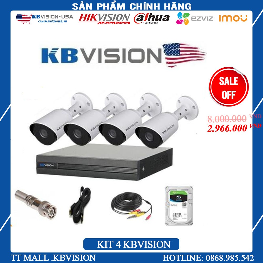 {Siêu Hot } Trọn bộ 4 camera giám sát KBVISION Full HD 1080p kèm HDD 500G +80m dây liền nguồn