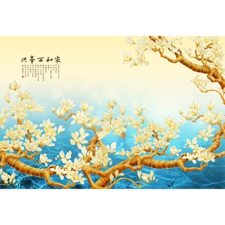 Tranh dán tường 3D VTC cảnh hoa mộc lan Lunawall-0003 kim sa