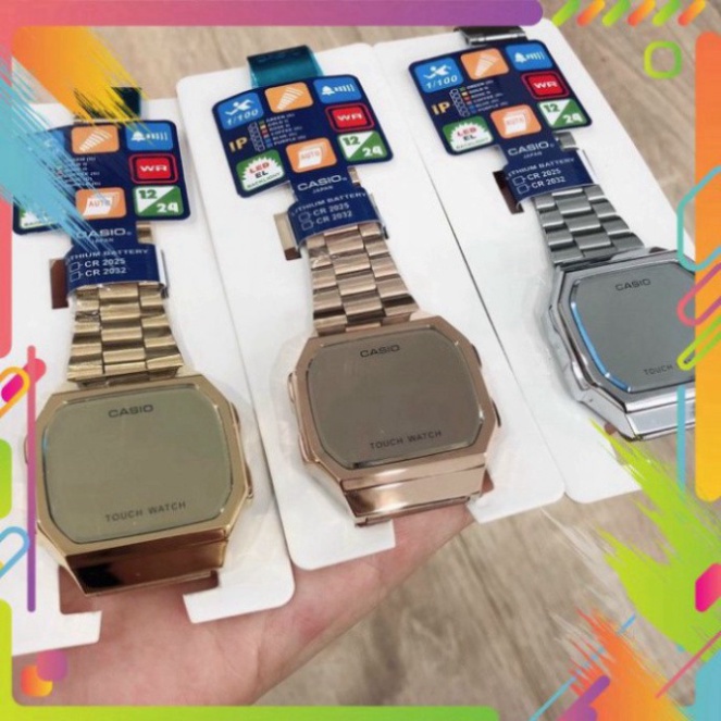 ❀Đồng Hồ Casio Cảm Ứng Unisex 🔥 Ảnh Thật A168 Đèn Led, Thép không gỉ, mặt tráng gương - Đồng.hồ.casio.Nam.nữ