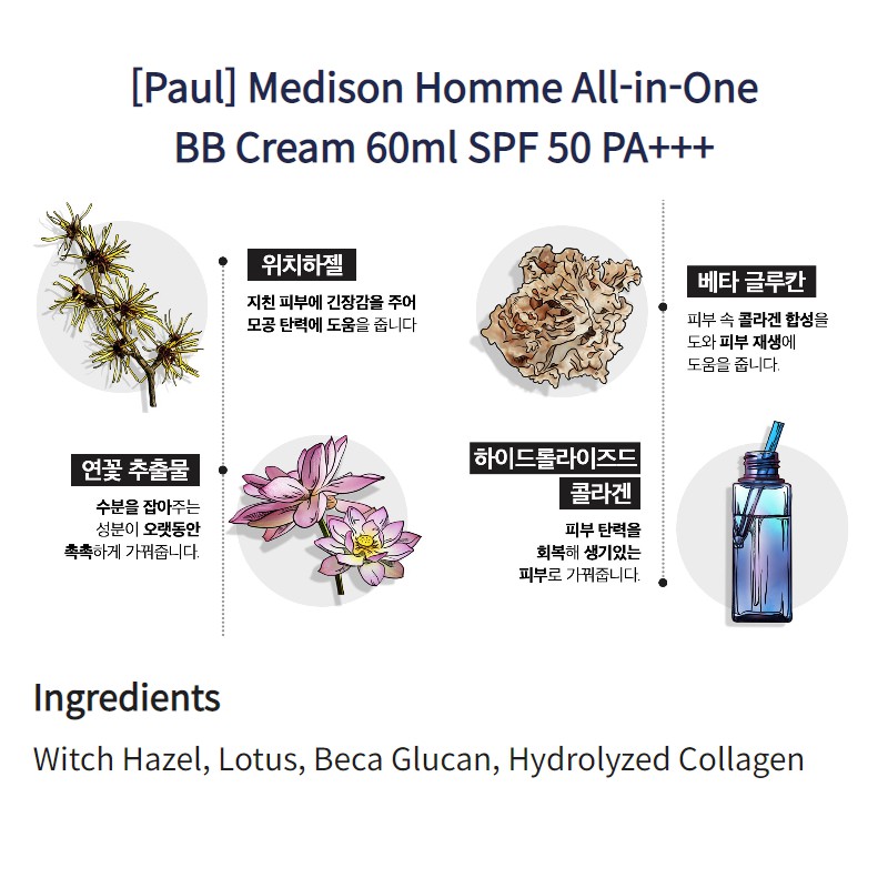 KOREA [Paul] Medison Homme All-in-One BB Cream 60ml SPF 50 PA +++ nam Kem BB trang điểm nam trang điểm