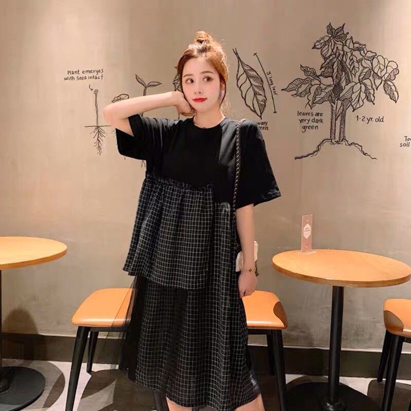 {Order bigsize,L-4xl}Váy thun phối ren kẻ cắt tầng xinh xắn - Hàng Quảng Châu