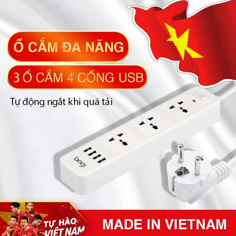 Ổ cắm đa điện năng 4 cổng USB 3 ổ điện thương hiệu Bagi thông minh tự ngắt khi quá tải, an toàn, tiện lợi