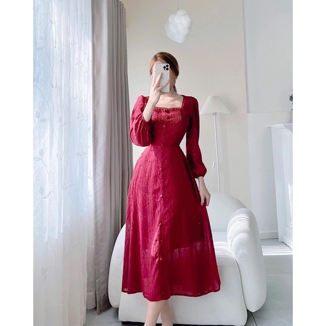 Đầm MIDI dáng dài cổ vuông vải voan bi nhỏ thêu chỉ Vải đẹp form chuẩn