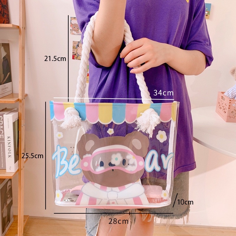 Túi tote bag trong suốt hoạ tiết hoạt hình gấu siêu cưng cho các cô nàng mê phong cách dễ thương