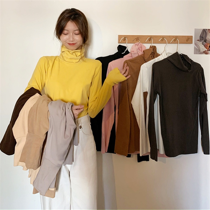 SUXI Áo Thun Dài Tay Cổ Cao Màu Sắc Đơn Giản Cho Nữ