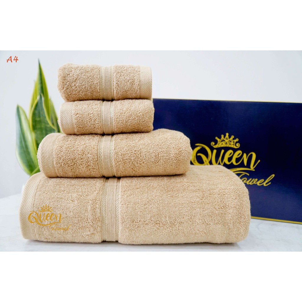 Combo 4 khăn tắm gội mặt cao cấp QUEEN TOWEL 100% cotton dày dặn mềm mịn không phai màu