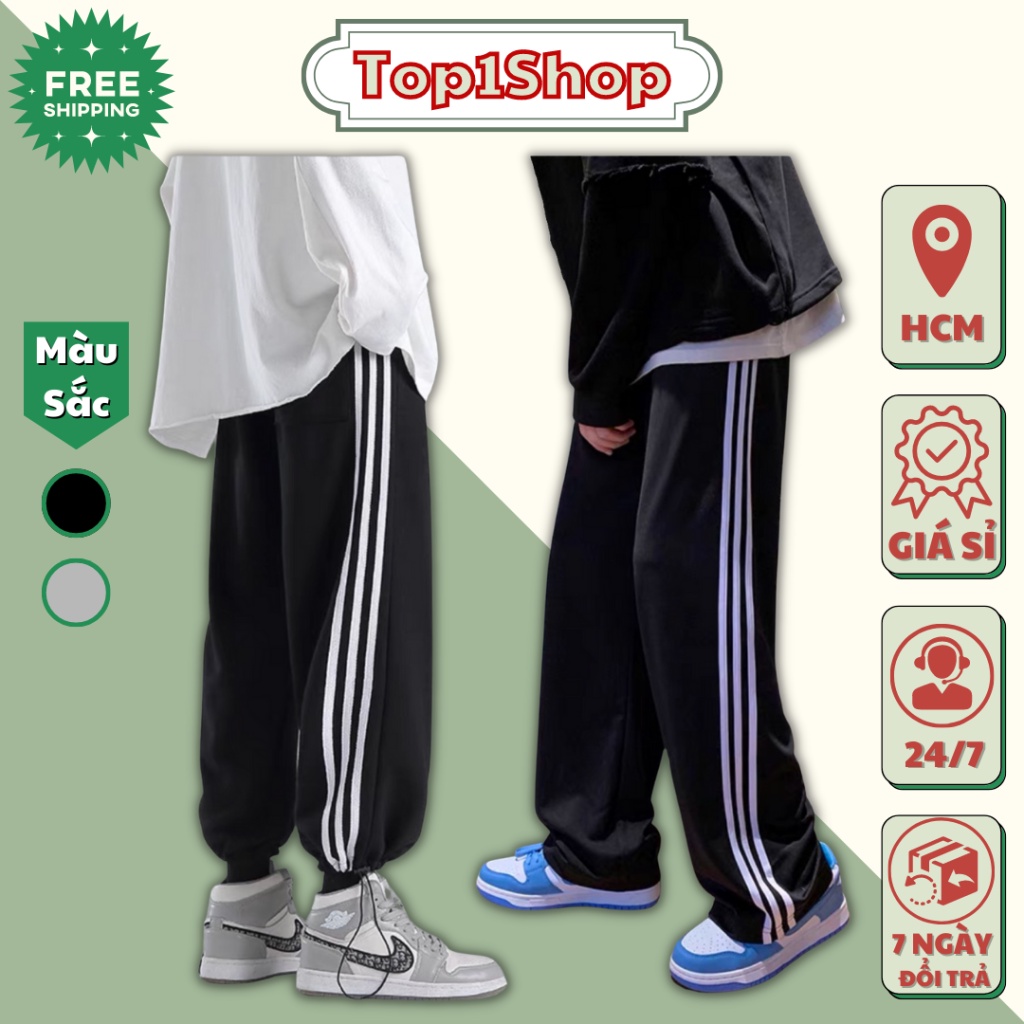 Quần dài ống rộng nam nữ 3 sọc thể dục có rút gấu mặc 2 kiểu ống suông và jogger phong cách trẻ trung năng động