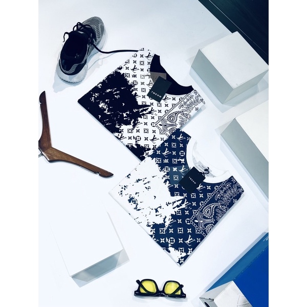 Áo Phông Nam Lv cao cấp Was sơn full áo - Áo Thun Quảng Châu lv in chữ toàn thân 2 màu trắng đen