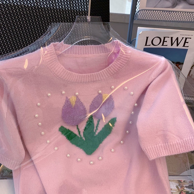 Áo Lửng Cổ Tròn Họa Tiết Hoa Ba Chiều Màu Hồng Nhẹ Nhàng