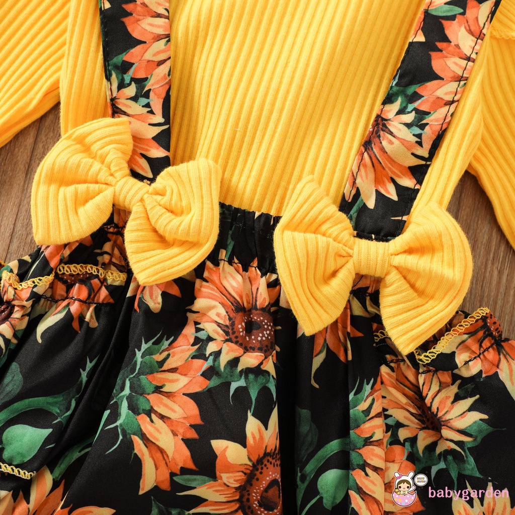 Bộ Áo Thun Tay Dài Màu Sắc Đơn Giản + Quần Yếm In Hoa + Băng Đô Dành Cho Bé Gái 0-24 Tháng Tuổi