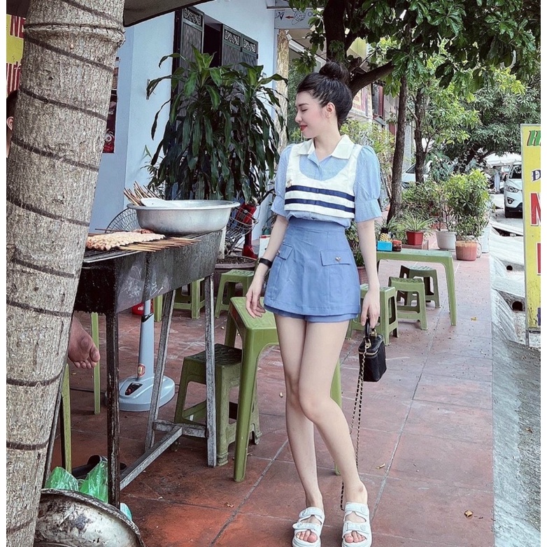 Set 3 Món Gile Kẻ Ngang Xanh