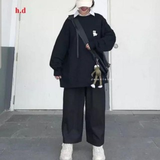 Bộ set nữ quần ống rộng + áo sweater mèo con unisex - bộ nỉ đen - set nỉ đẹp hottrend