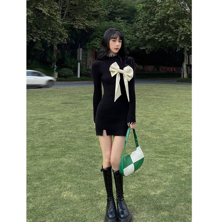 Áo len dáng rộng/ đầm dệt kim đính nơ kiểu Hàn Quốc dễ thương