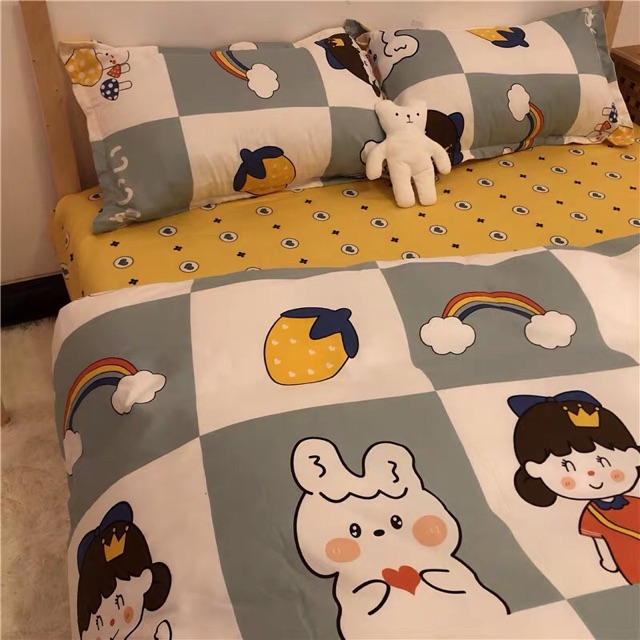 Set Chăn Ga Cotton Poly Hoạt Hình Ngộ Nghĩnh Ga Vàng Hình Tim Lạ Cực Chất Shinbedding.shop