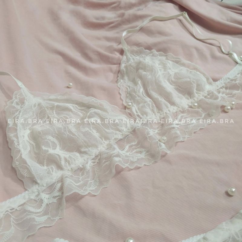 [BRA007] Set bralete ren không gọng, quần cánh tiên, màu kem nhét mút [TẶNG KÈM MÚT]