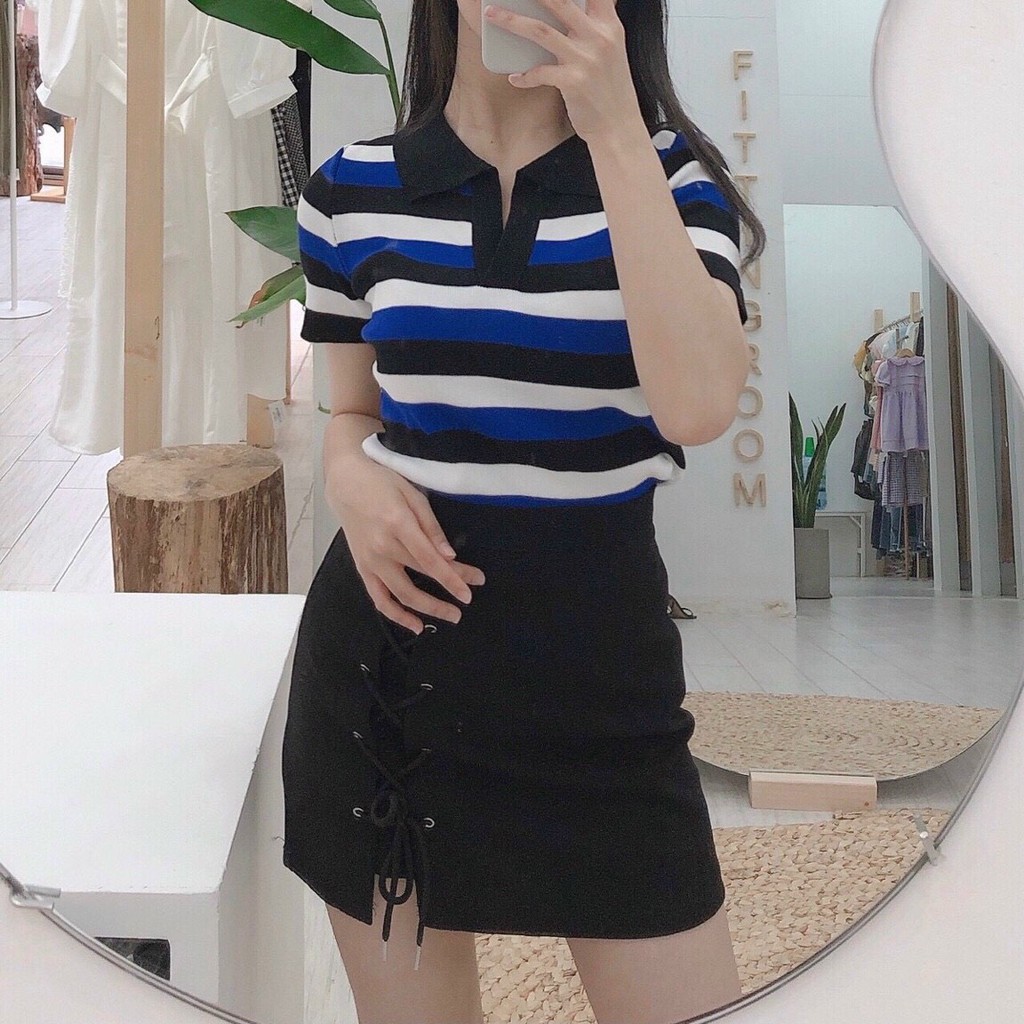 ÁO KIỂU SƠ MI SỌC NGANG TAY NGẮN FORM ÔM-hình thật shop chụp