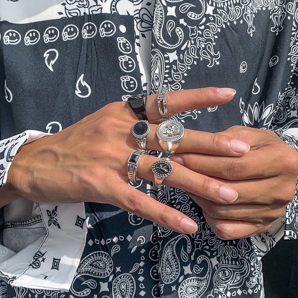 Bộ 6 Nhẫn Đính Pha Lê Họa Tiết Đầu Lâu / Trái Tim Đơn Giản Thời Trang Cho Nam Và Nữ