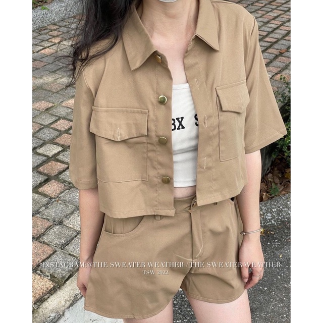 Set 3 Món Kaki (loại 1) Áo Khoác Tay Ngắn Kèm Áo Dây ALBX Mix Quần Short
