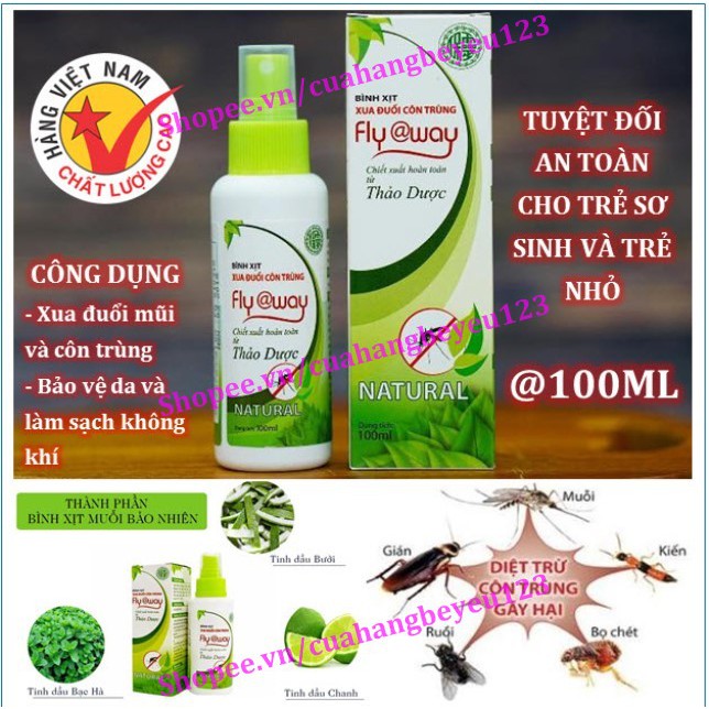 100ml - Bình xịt muỗi thảo dược Fly@way - Bảo Nhiên (Việt Nam)