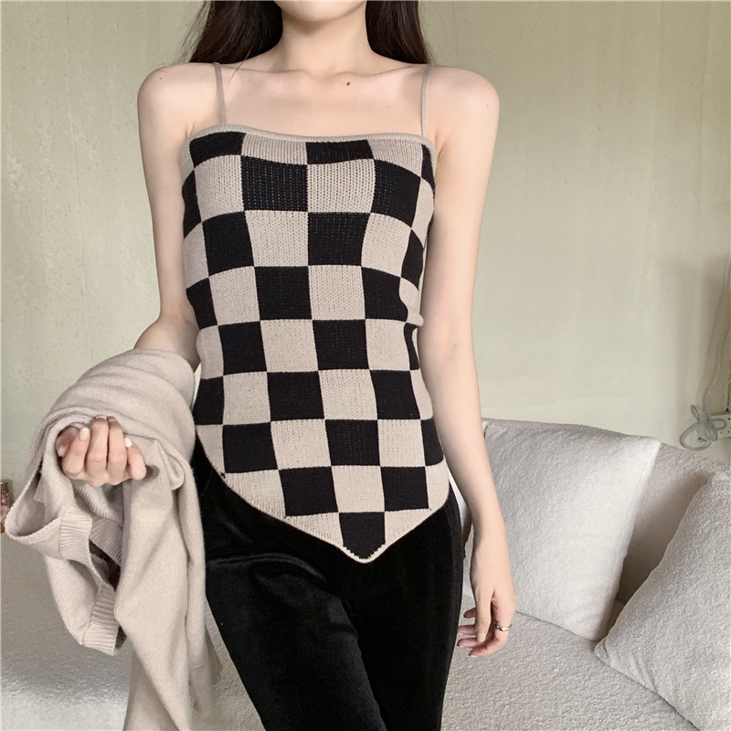 Set Áo Len Dài Tay + Đầm Hai Dây Họa Tiết Caro Thời Trang Hàn Quốc