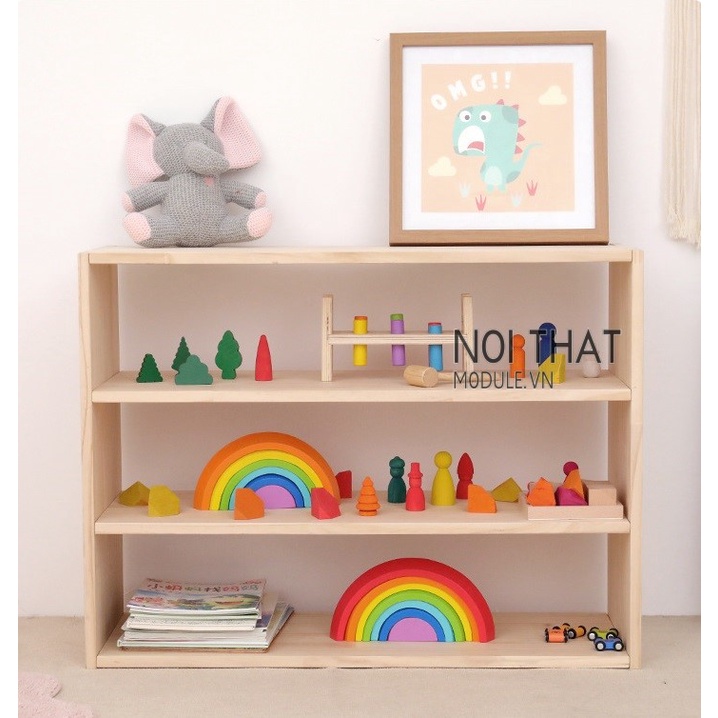 Kệ sách cho bé 3 tầng, kệ để đồ chơi cho trẻ gỗ thông tự nhiên