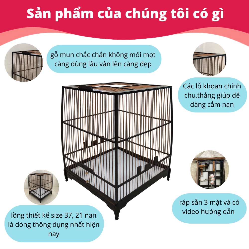 Khung lồng chim chào mào tự ráp, kiểu dáng thái đấu,chất liệu gỗ mun đuôi công.size 37cm , 21 nan