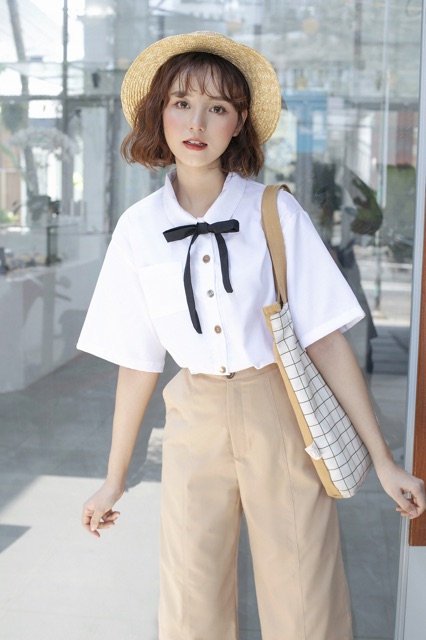 Áo sơ mi cơ bản tay ngắn kèm dây nơ -  Signature button shirt - SODA POP