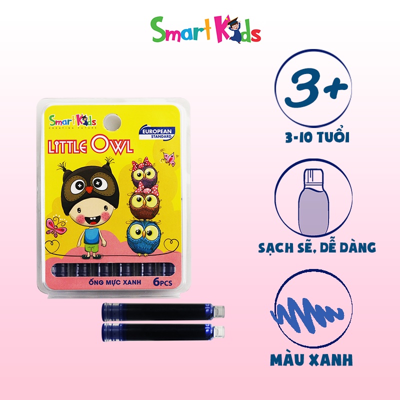 Ống mực smartkids mực xanh SK-Fl1001BU (Vì 6 ống) Dành cho học sinh cấp 1. Mực chảy đều, thấm nhanh, không lem mực.