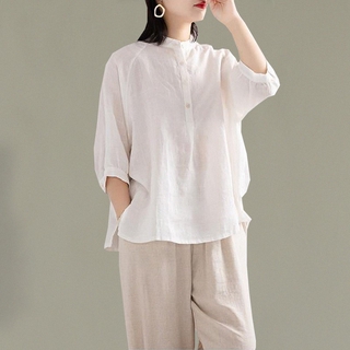 Áo sơ mi kiểu nữ cổ tầu form rộng tay cánh rơi SLINEN, chất vải đũi tơ mềm mát, form suông không kén dáng.