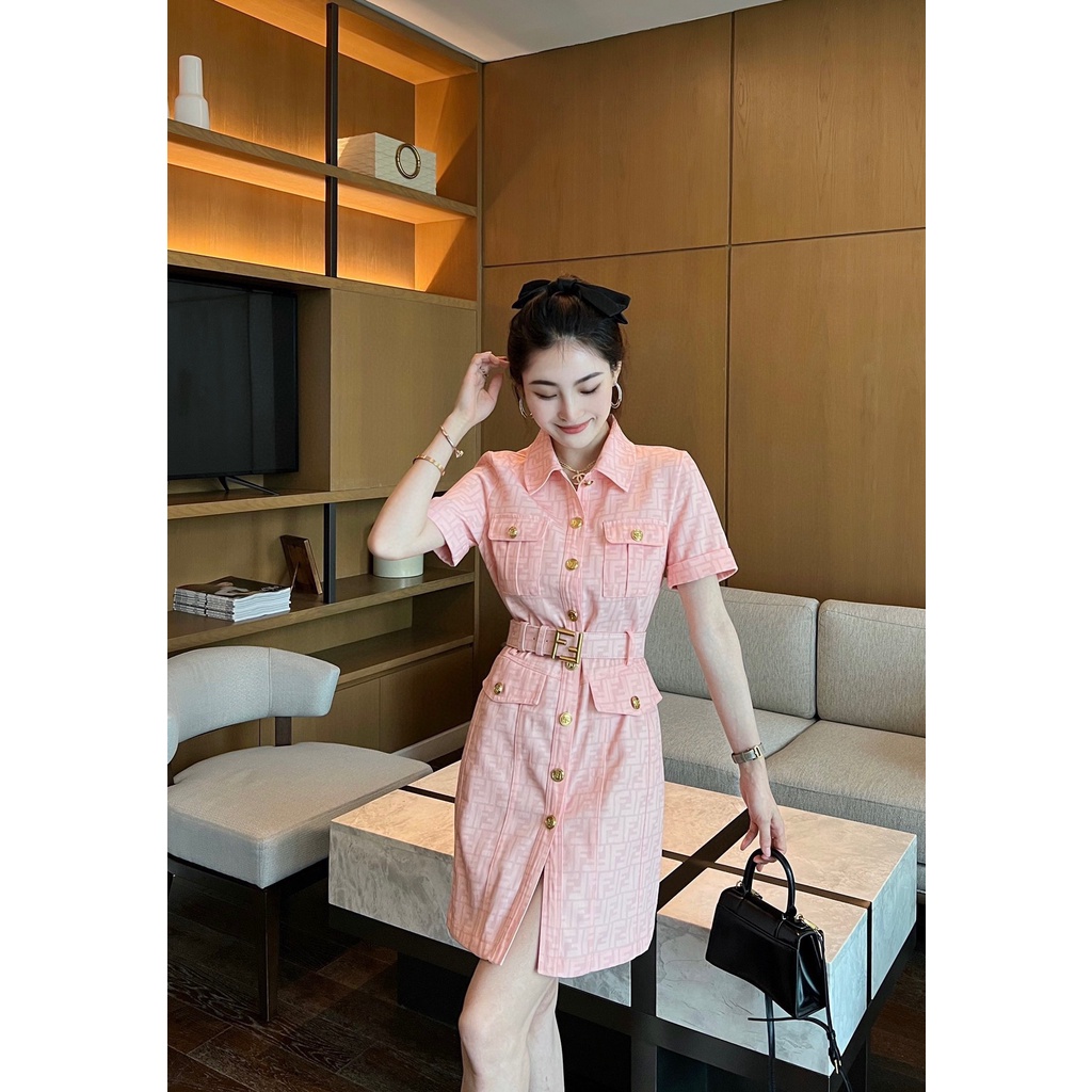 Đầm Fendi Kiểu Mới Tay Ngắn Chiết Eo Thời Trang Mùa Hè 2022 Cho Nữ Vải Siêu Mỏng Tùy Chỉnh Thoáng Khí Tươi Mới