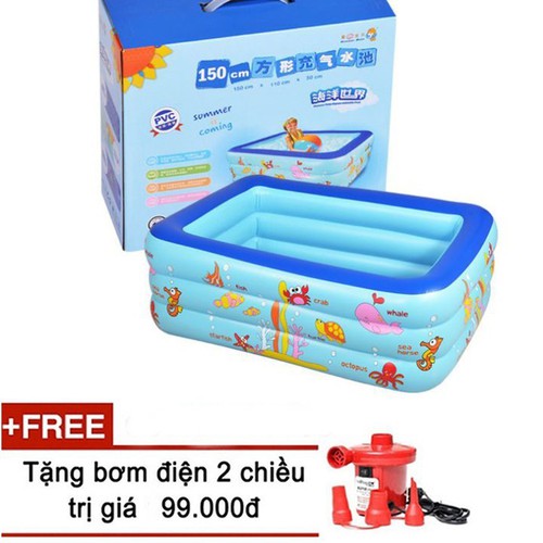 ✔️ Bể Bơi Phao Cho Bé Trong Nhà 3 Tầng 1m5 Hình Chữ Nhật 150x110x50cm Bồn Tắm Hơi Cho Bé - DÀY DẶN, AN TOÀN [BH 1-1]