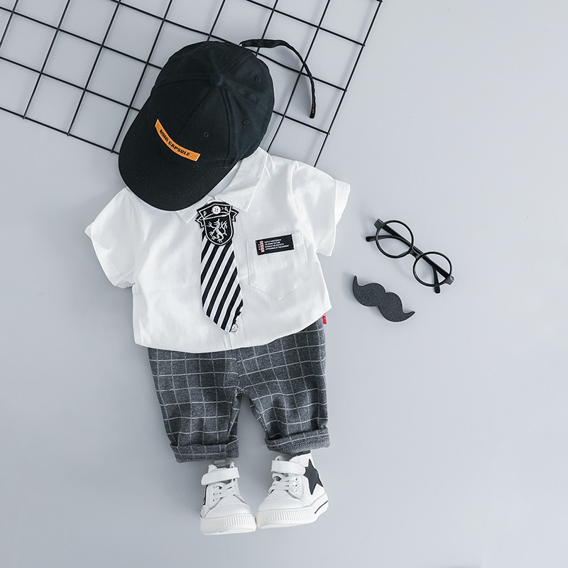 Bé trai mùa hè 1-2 tuổi Phong cách phương Tây áo sơ mi ngắn tay Hàn Quốc phù hợp với bé trai