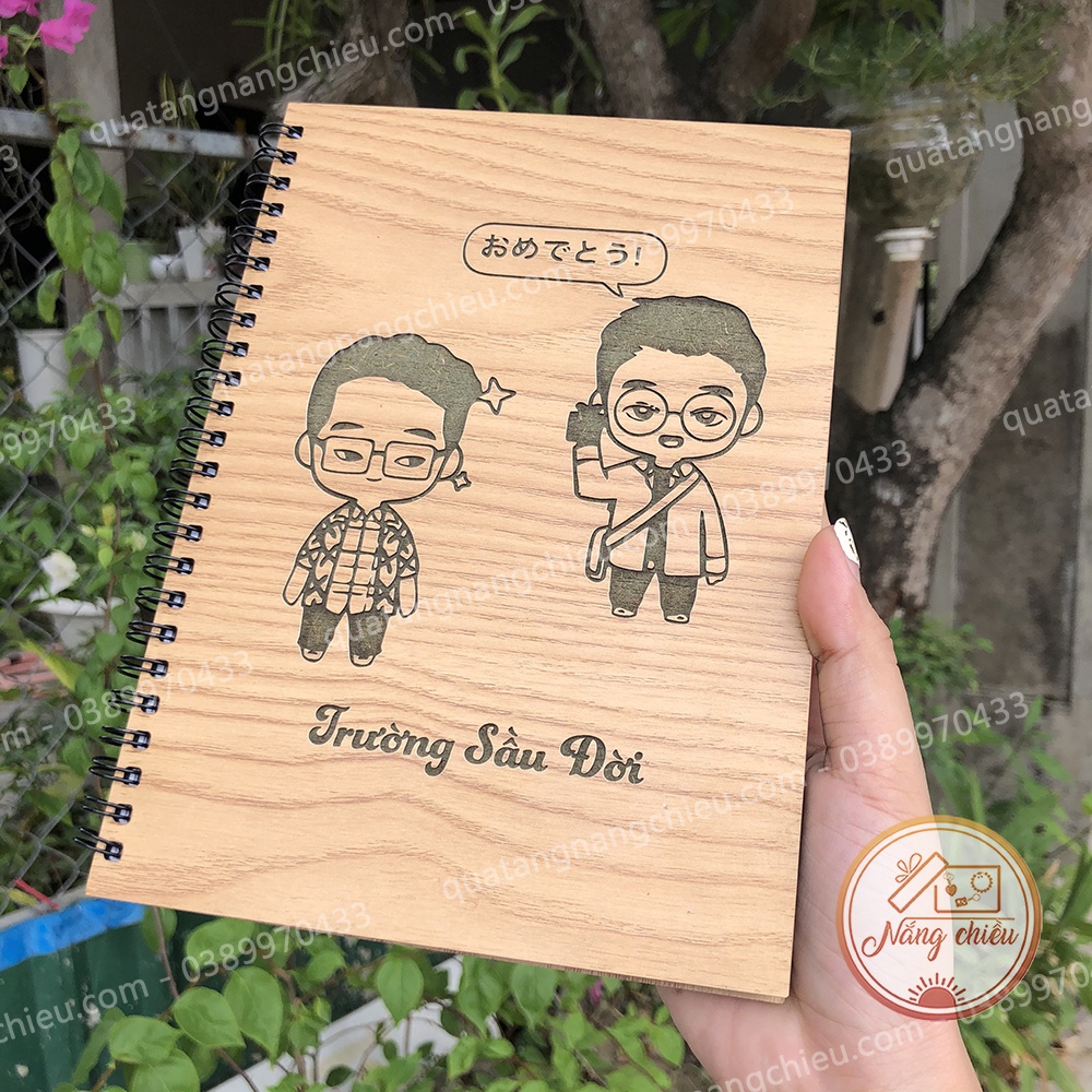 Sổ tay bìa gỗ cá nhân khắc hình hoạt hình dễ thương - Món quà ý nghĩa dành tặng cho bạn bè và người thân