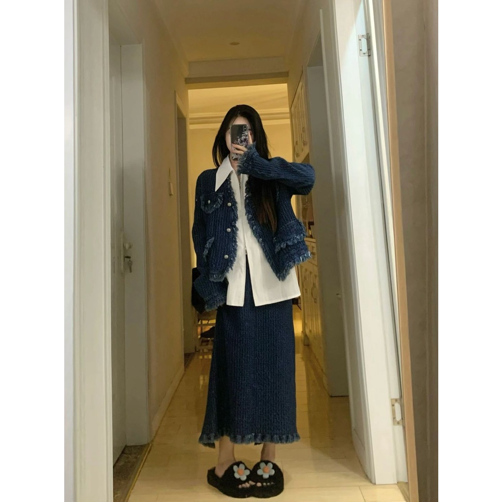 Áo khoác denim Xiaoxiangfeng với vành suông phong cách retro