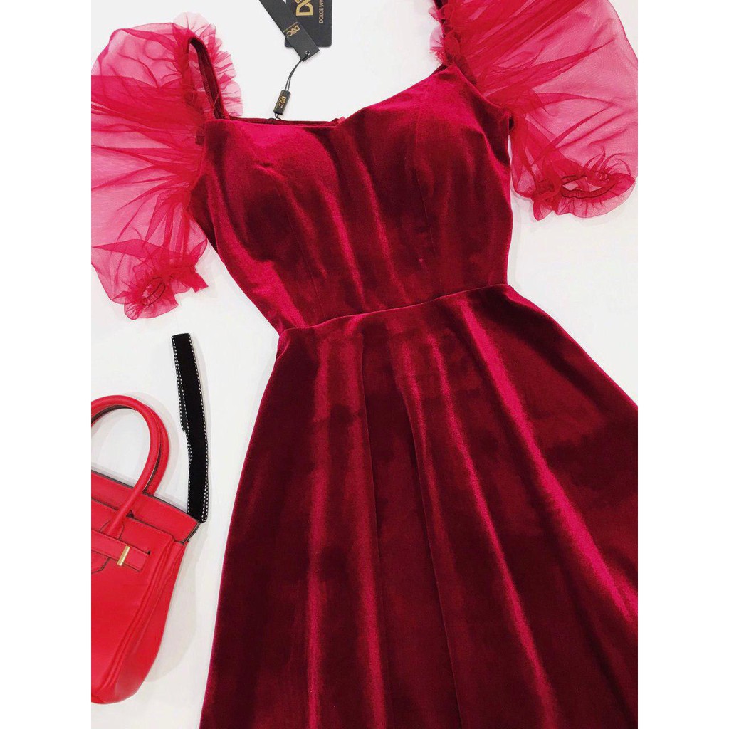 [ xả kho ] MiD Đầm đỏ nhung cánh phồng V1202 Mie Design kèm ảnh thật