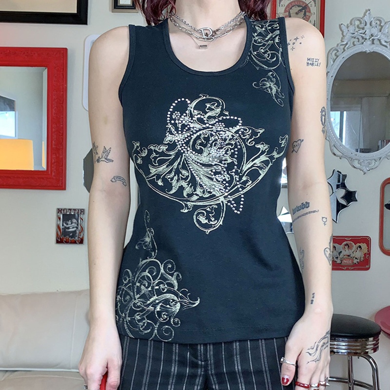 Brroa Áo Tank Top Không Tay Dáng Suông In Họa Tiết Hoa Vintage Phong Cách Harajuku Gothic Punk Mùa Hè Cho Nữ