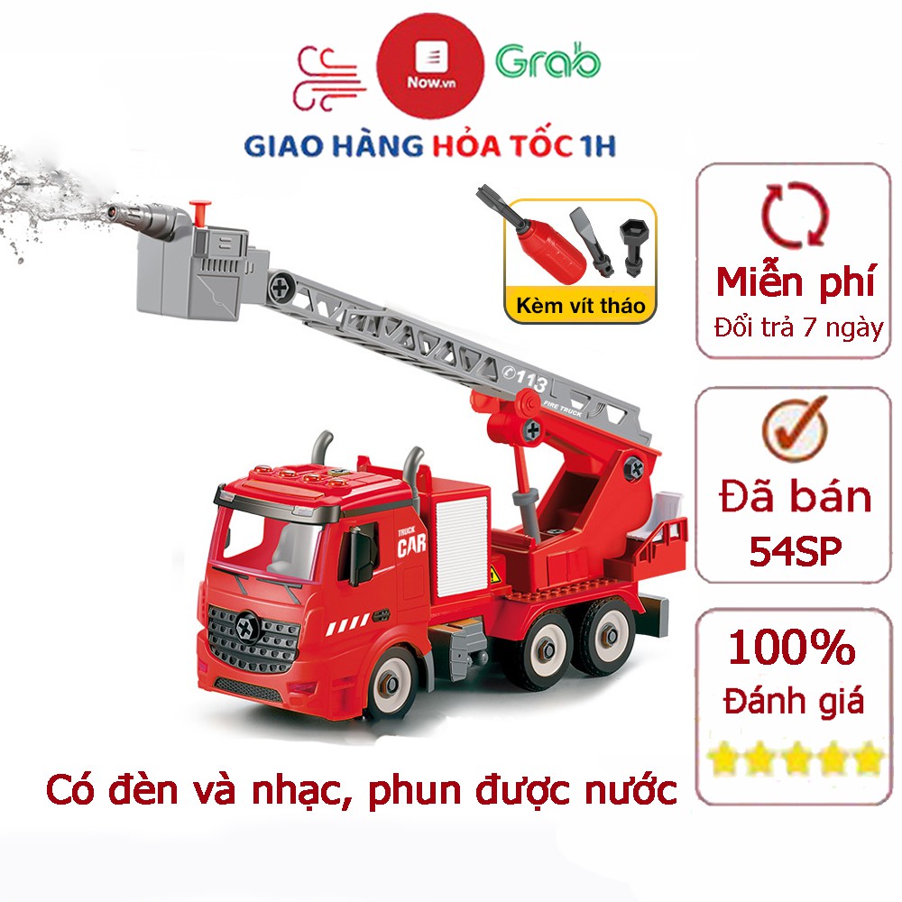 Bộ đồ chơi lắp ghép xe cứu hỏa thang trượt phun nước có đèn và nhạc, chi tiết sắc sảo đẹp và bền bỉ