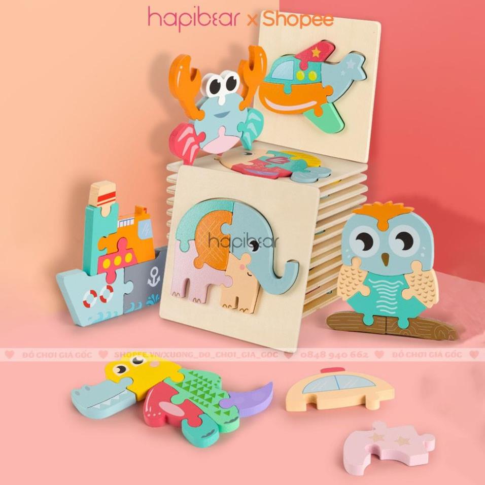 Tranh ghép hình 3D bằng gỗ có in hình nhiều mẫu ngộ nghĩnh phát triển trí tuệ, giáo dục sớm cho bé