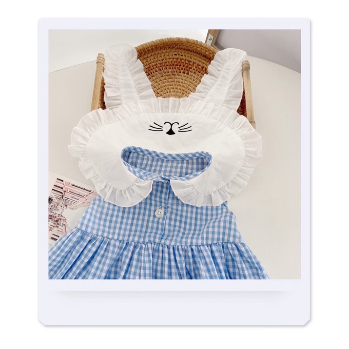 Váy hè sát nách caro tai thỏ chất thô cotton mỏng cho bé gái 0-5 tuổi