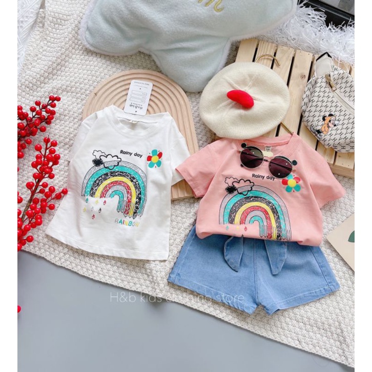 ✓8-18kg✓ Set bộ áo phông quần jean bé gái HB kids hoạ tiết cầu vồng