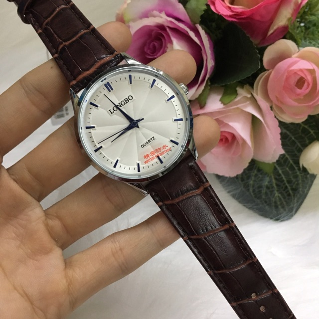 Đồng hồ đôi LONGBO dây da nâu mặt khía cạnh LBC03