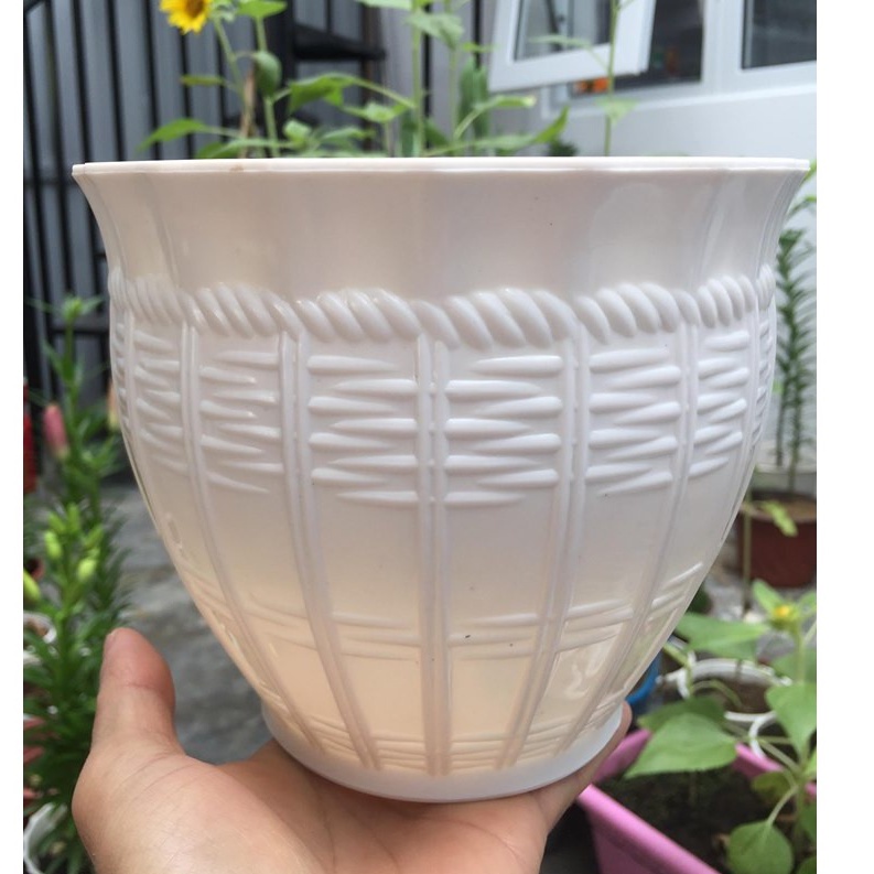 (17x15cm) Chậu nhựa cứng cao cấp giả sứ đan lan mây_Chậu nhựa cứng mây đan tròn loại 1