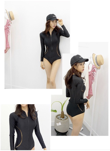 Bộ bơi bikini 1 mảnh dài tay kèm khoá kéo màu đen | BigBuy360 - bigbuy360.vn