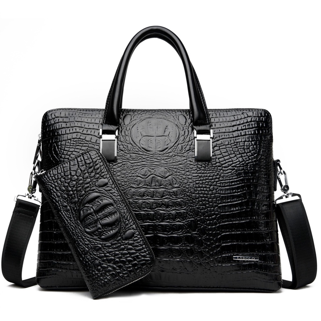 Túi xách cặp da công sở T85 39x28x8cm dập vân cá sấu tặng ví dài (Nâu-Đen) | BigBuy360 - bigbuy360.vn