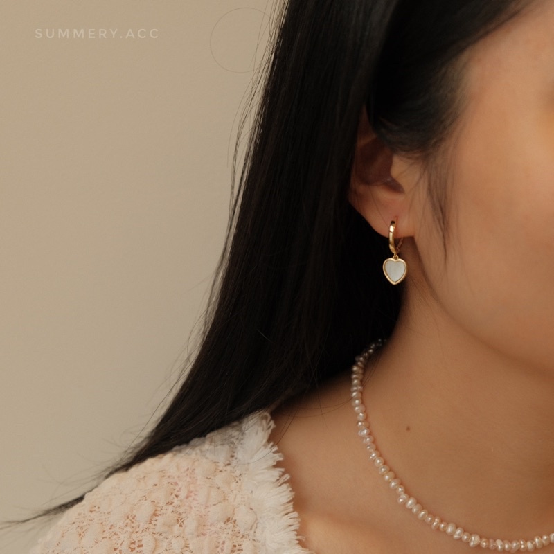 Khuyên tai bạc 925 SUMMERY tròn hoop trái tim nạm xà cừ bông tai S925