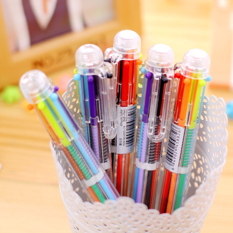 Bút bi 6 màu, bút bi nhiều màu sắc nhiều ngòi vỏ trong suốt dùng ghi chú tiêu đề tiện lợi