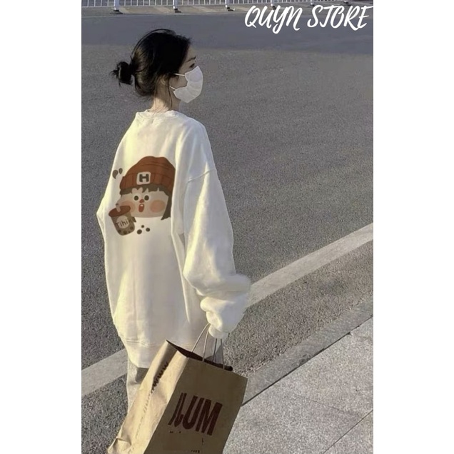 Áo sweater nỉ bông Tihik QUYN STORE - Áo nỉ form rộng tay phồng dáng học sinh hàn quốc cute