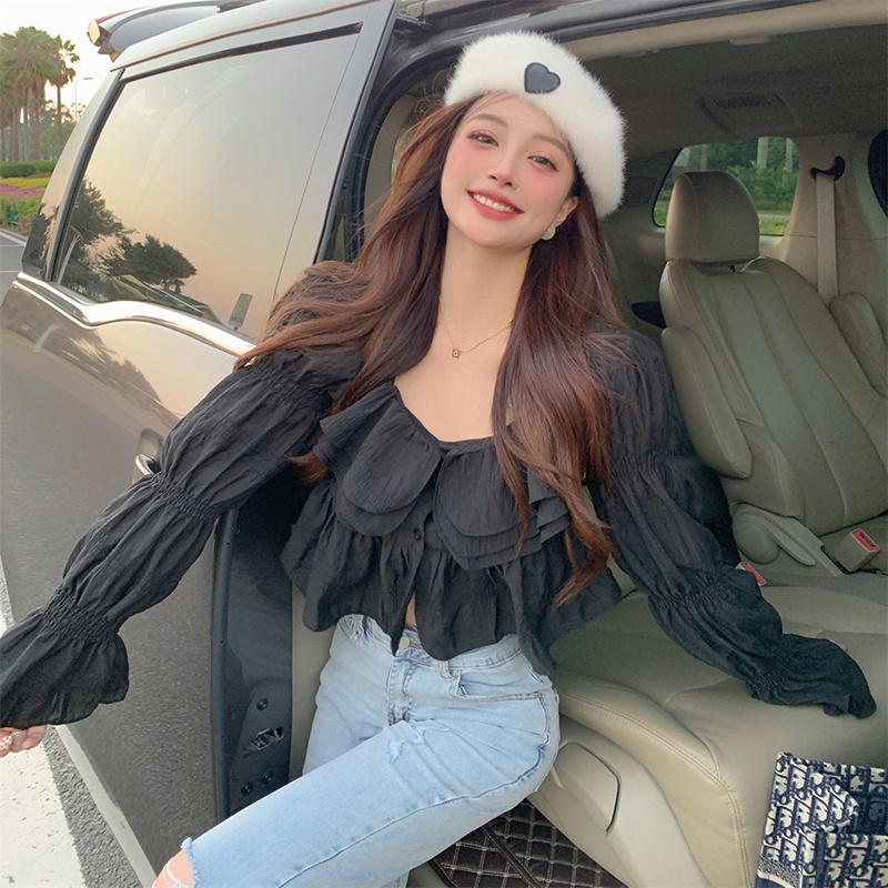 IELGY Korean style sweet V-neck ruffled long-sleeved shirt for women